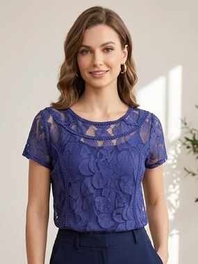 LC Lauren Conrad Blue Floral Lace Short Sleeve Top